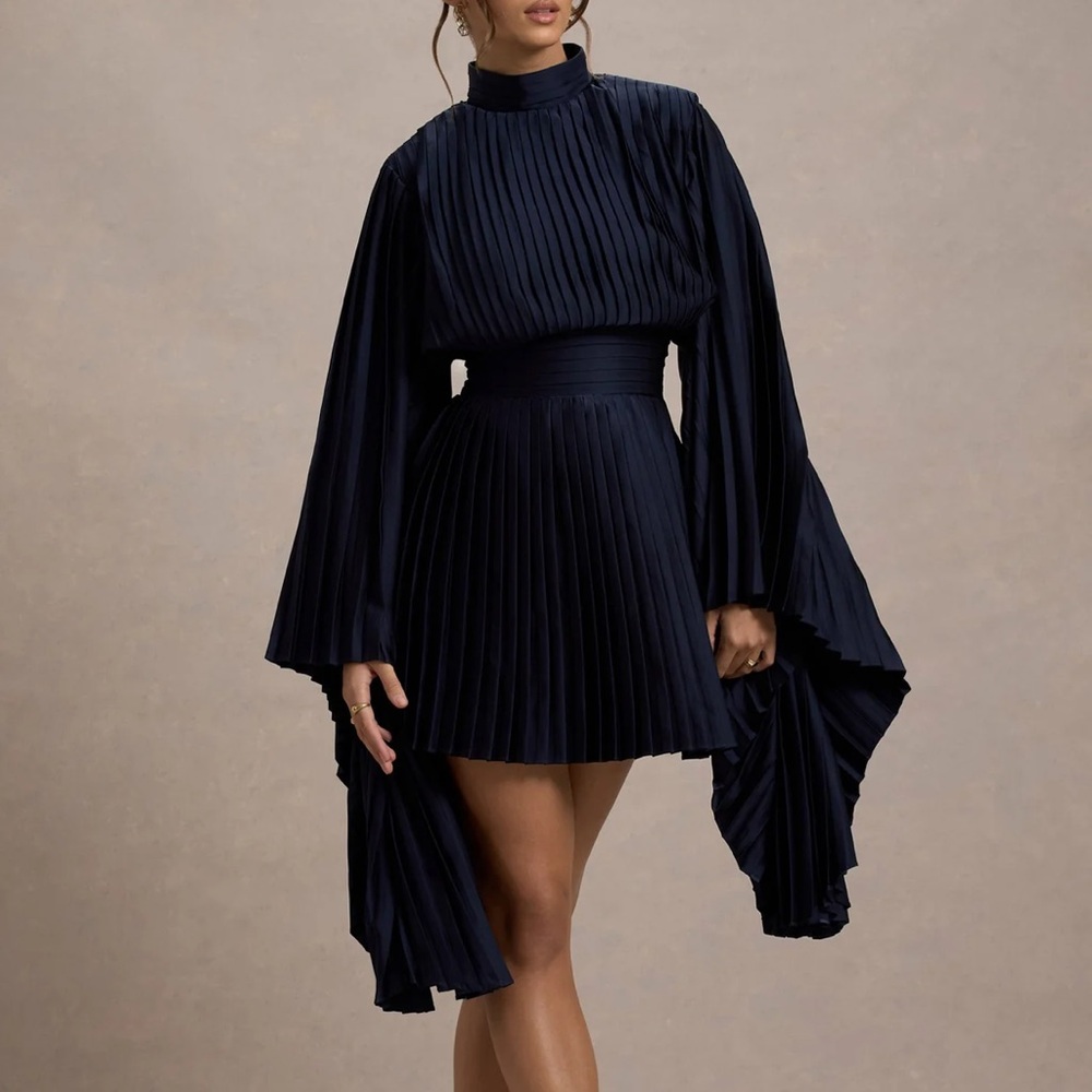 Navy Pleated High-neck Mini Dress